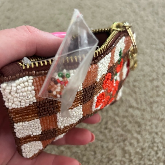 Anthropologie Beaded Floral Coin Purse with Red Accents